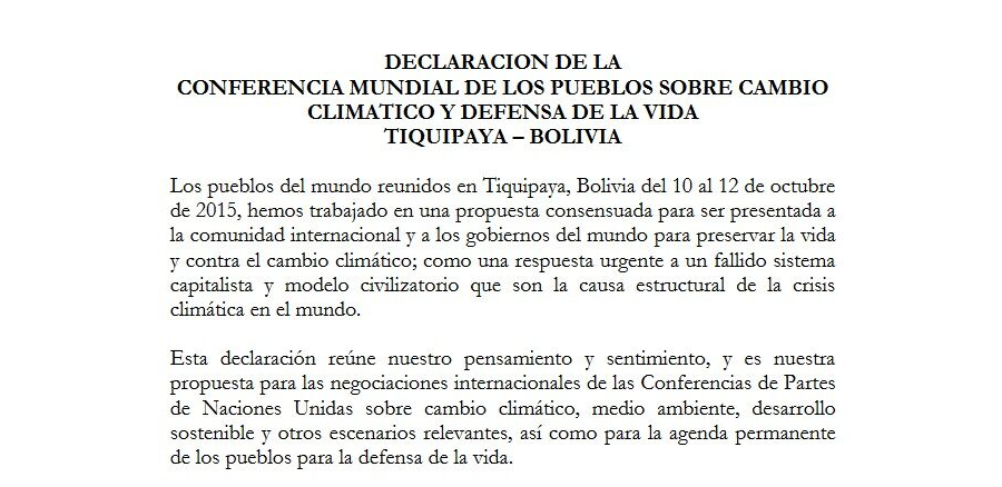 Declaración de la Conferencia Mundial de los Pueblos Sobre Cambio Climático y Defensa de la Vida - Tiquipaya
