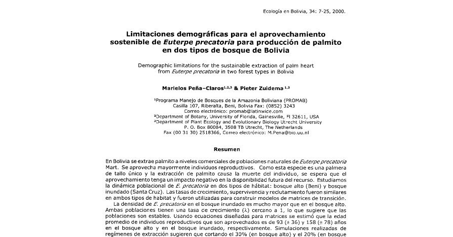Limitaciones demográficas para el aprovechamiento sostenible de Euterpe precatoria para producción de palmito: en dos tipos de bosque de Bolivia.